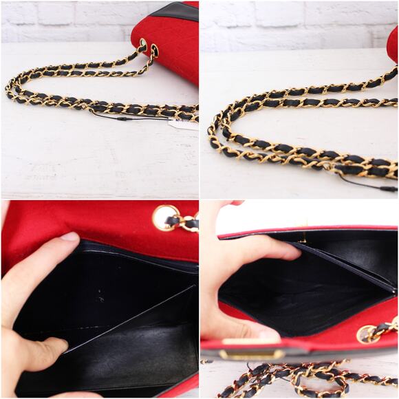 Chanel Double Chain Shoulder Bag Quilted Red Jersey Handbag Leather A4033 - Picture 7 of 12